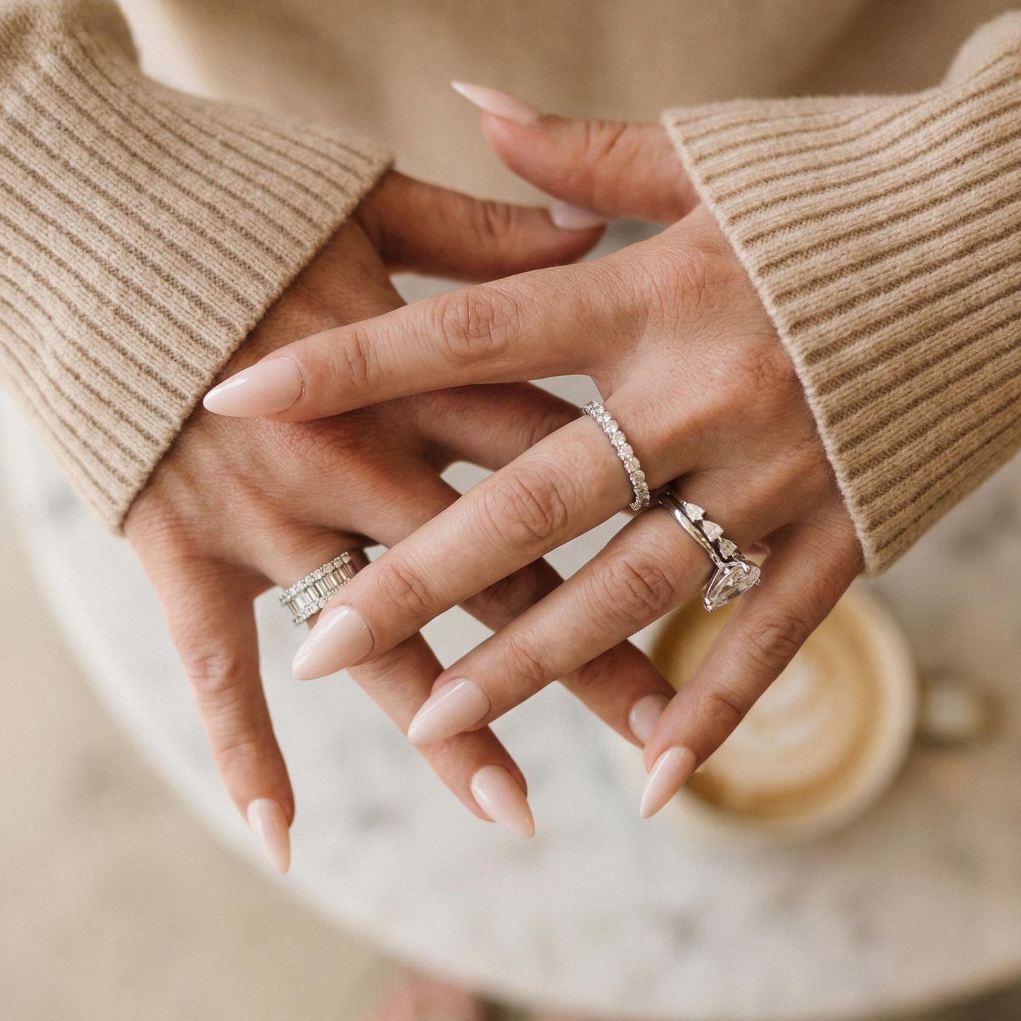 A hand wearing pale pink press on nails