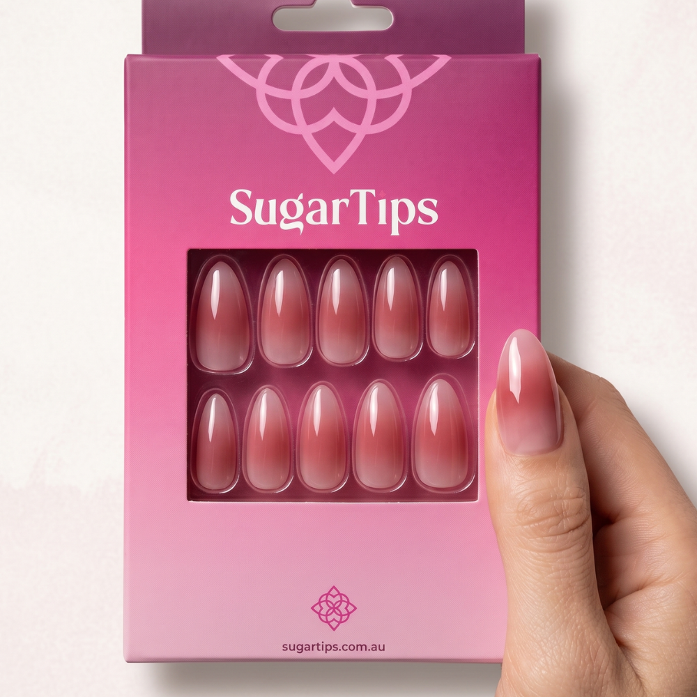 Sugar Tips Aura She Glows press on nail kit box - pink ombre nails Australia - reusable press on nails lasts up to 2 weeks free shipping over $60 Perth Adelaide