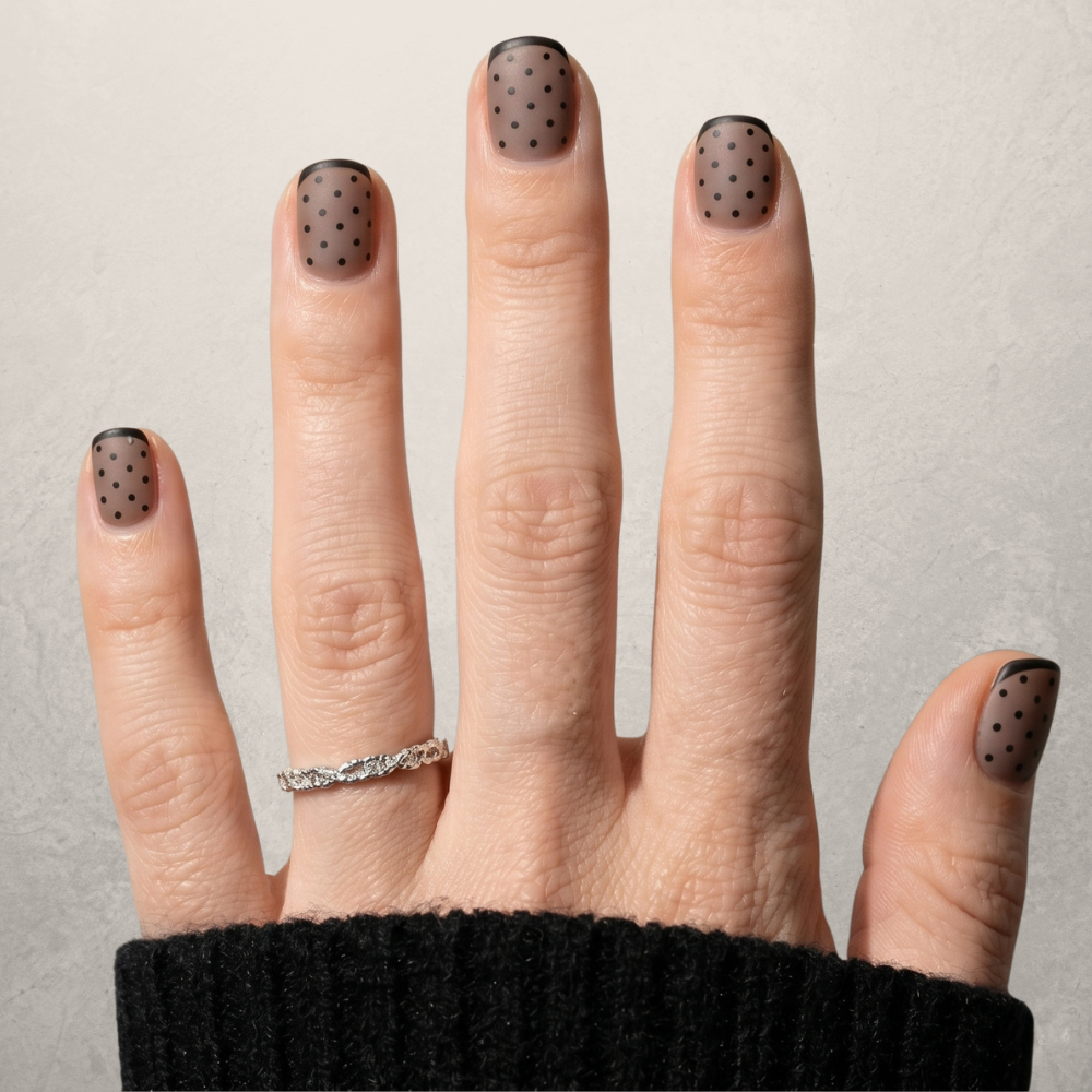 Sheer Nights short squoval press-on nails in smoky taupe with dark polka dot details — Sugar Tips Australia