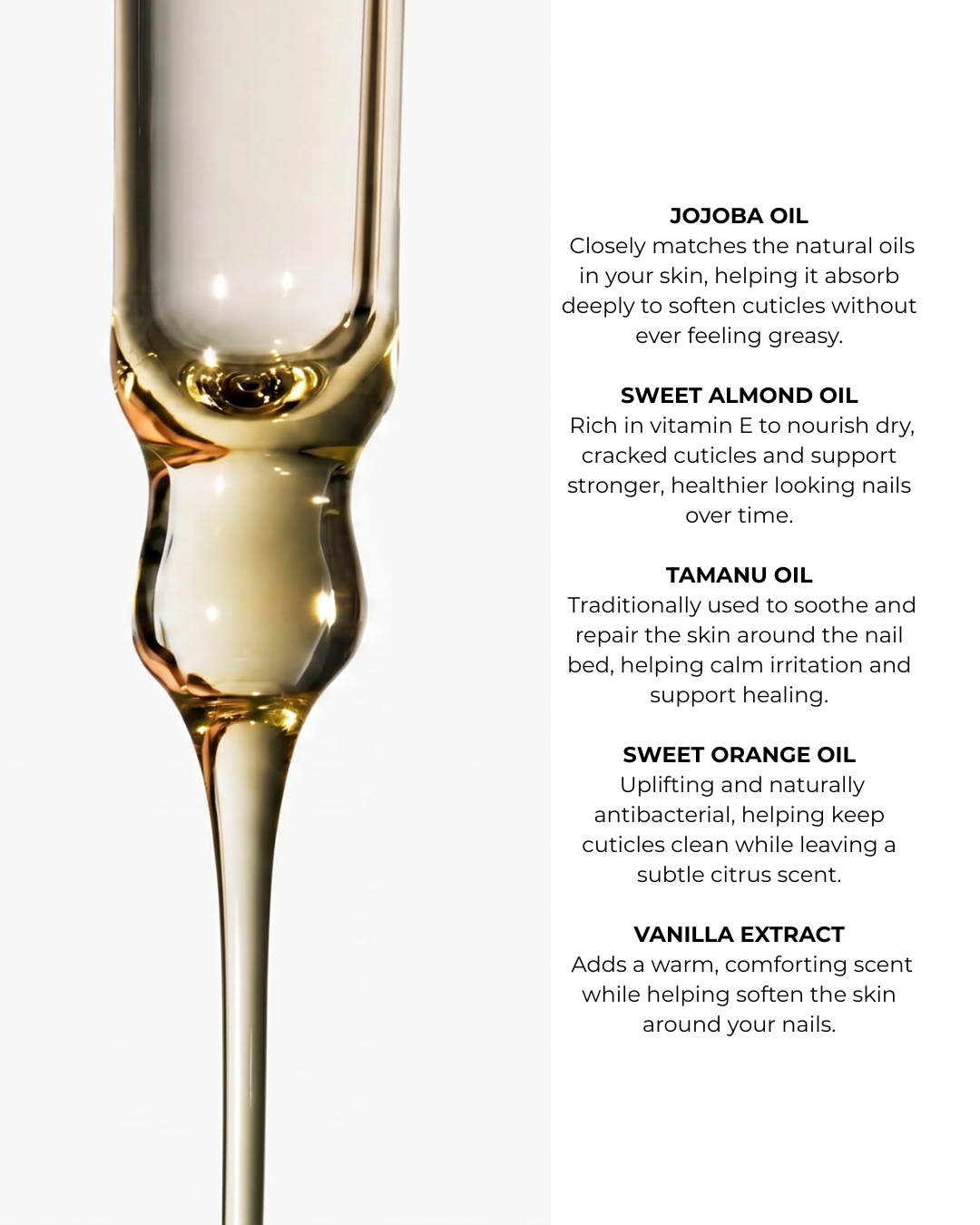 Sugar Tips handmade Cuticle Oil ingredients — jojoba, sweet almond, tamanu, sweet orange oil and vanilla extract for nourished nails and cuticles — Sugar Tips Australia
