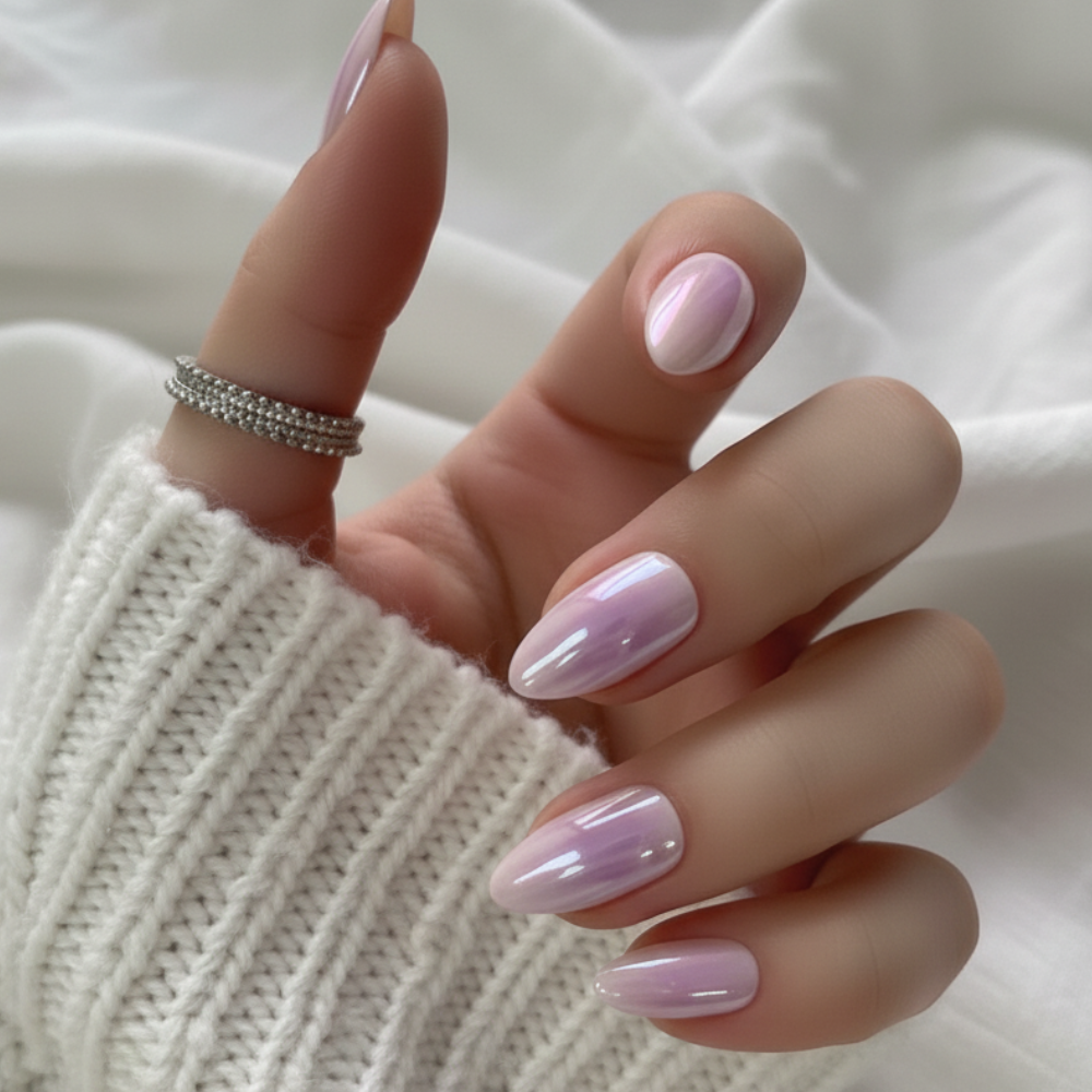 Sugar Tips Cotton Candy Cloud Pink & Lavender Ombre Almond Press-On Nails Front View