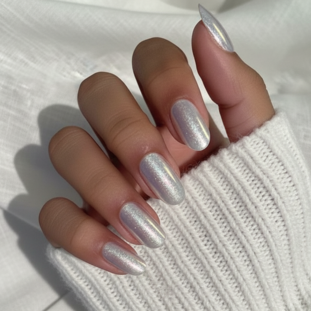 Hand with silver glittery nail polish on a white background wearing Diamond Drip Iridescent Shimmer round press on nails