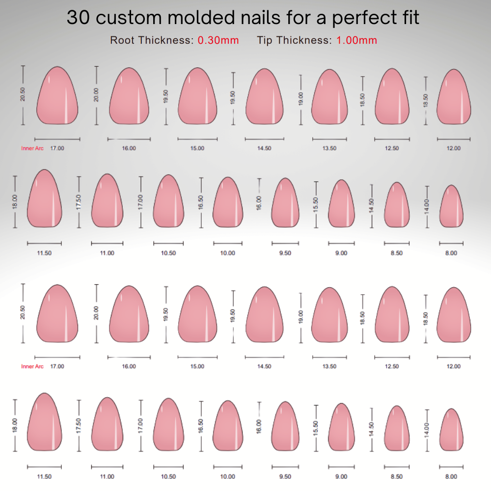 Chart showing 30 custom molded nails, in short almond, with measurements for a perfect fit.
