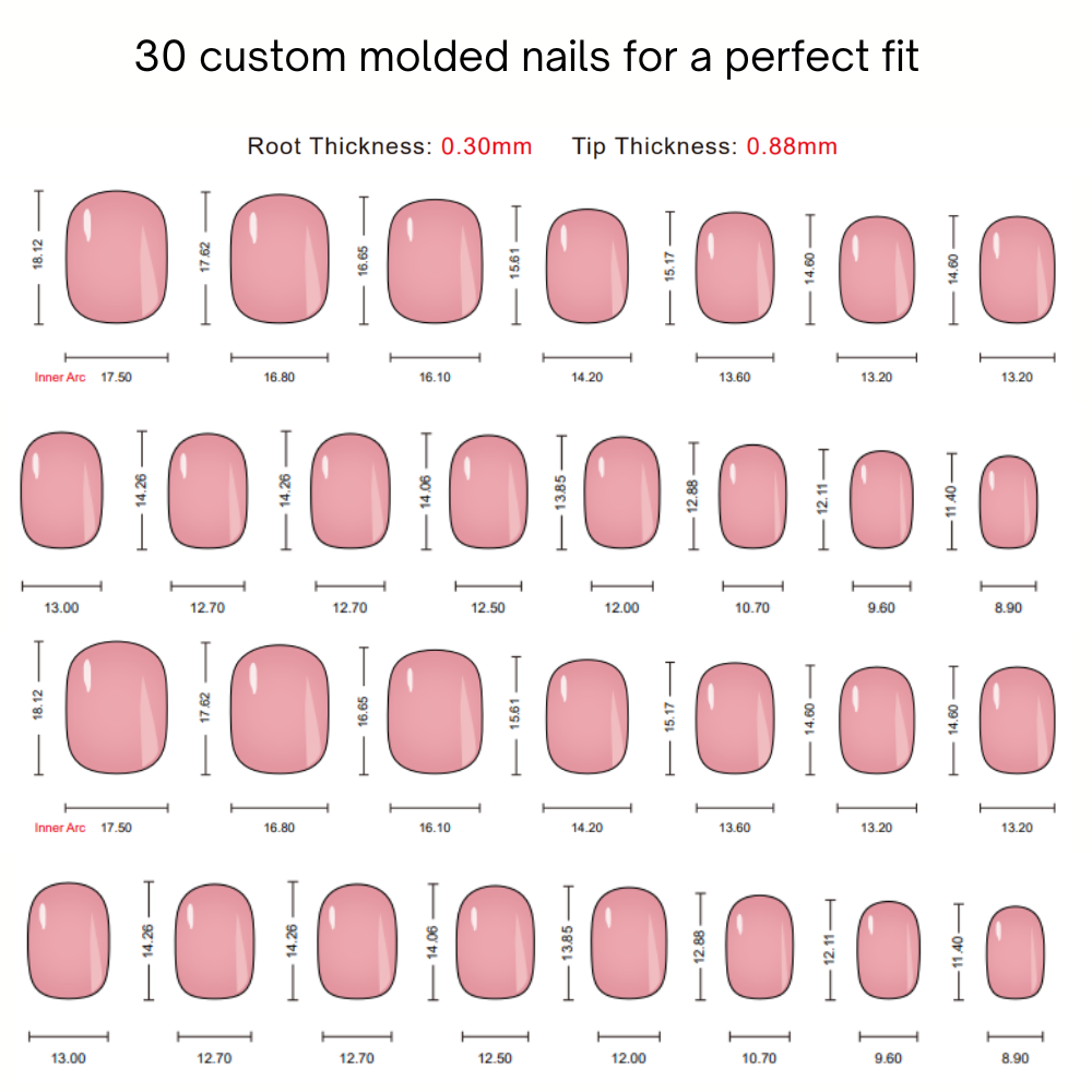 Chart displaying 30 custom molded nails with measurements for root and tip thickness.