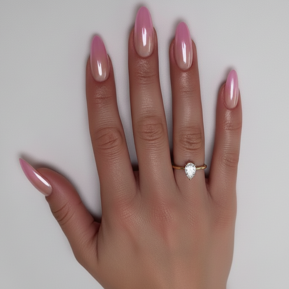 Sugar Tips Sorbet Crush| Pink Ombre Almond press-on nails flat view.