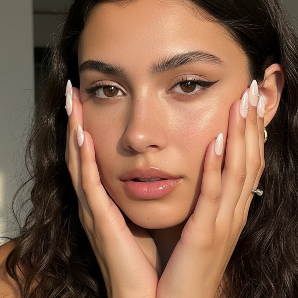 Woman with hands on face, wearing a Sugar Tips Bow Down Soft Pink Ombre with Rhinestone Bows Almond press-on nails.