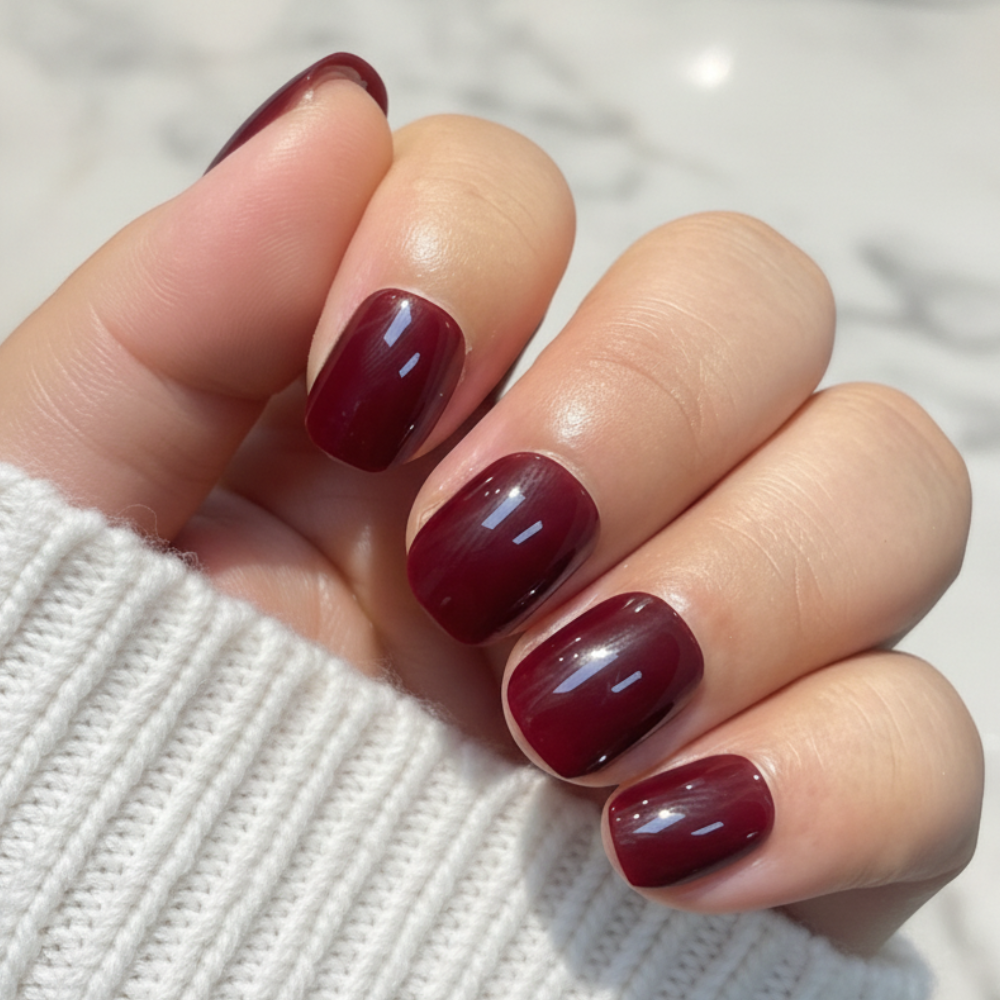 Sugar Tips Wine Not Short Glossy Burgundy Red press-on nails.