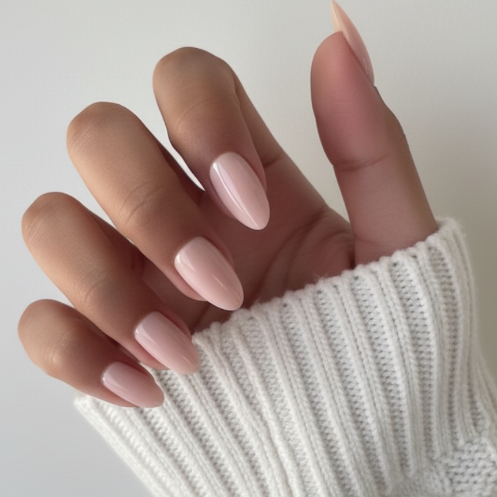 Sugar Tips Barely Blushing Soft Nude Pink Almond Press-On Nails Front View
