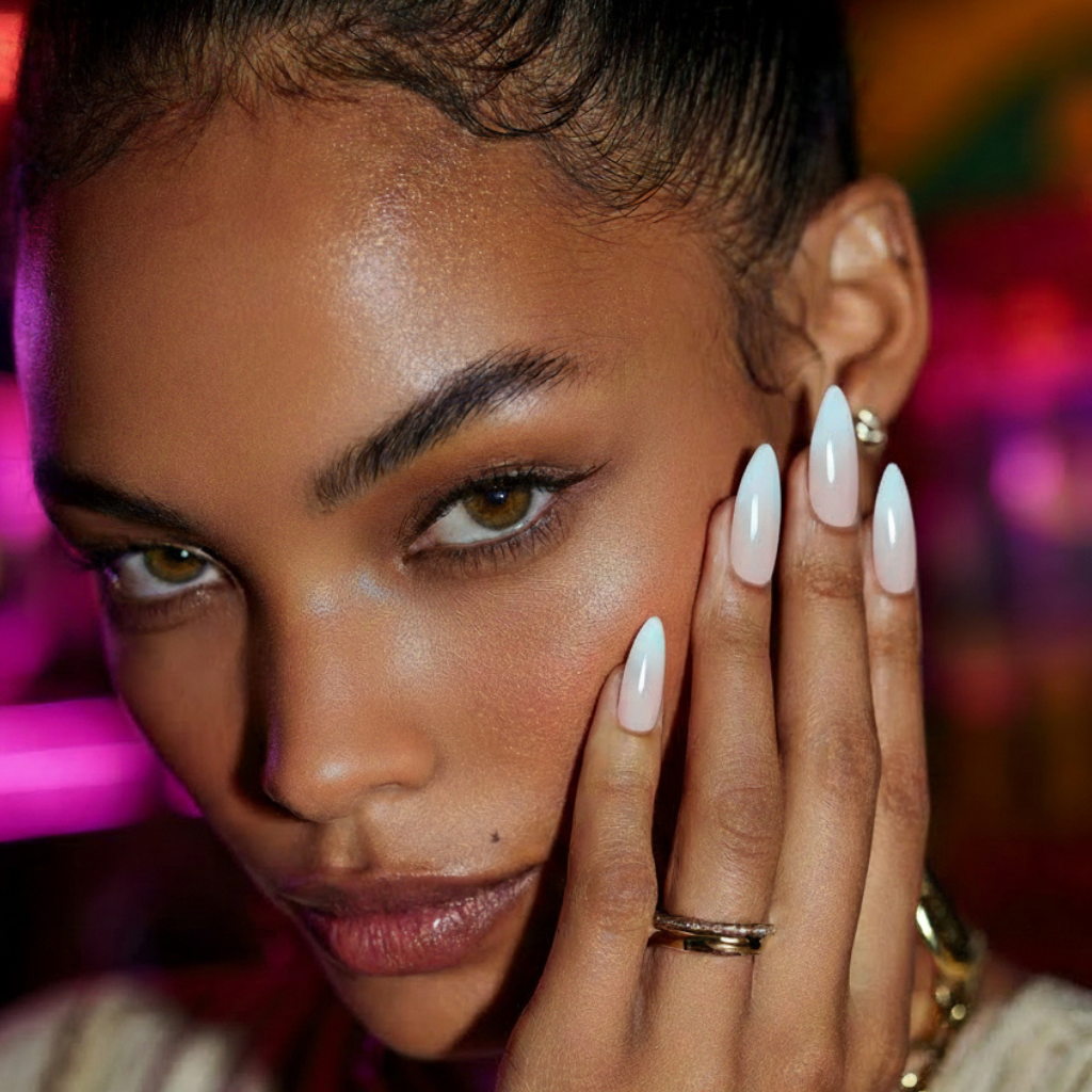 Close-up of a person with manicured nails, that are long almond blue and white ombre, press on nails and rings, with a colorful background