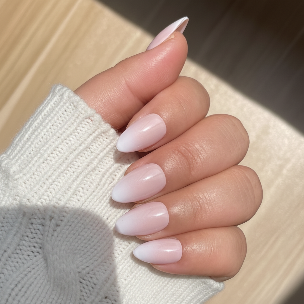 Sugar Tips Cloud Kiss Light Pink to White Ombré Almond press-on nails.