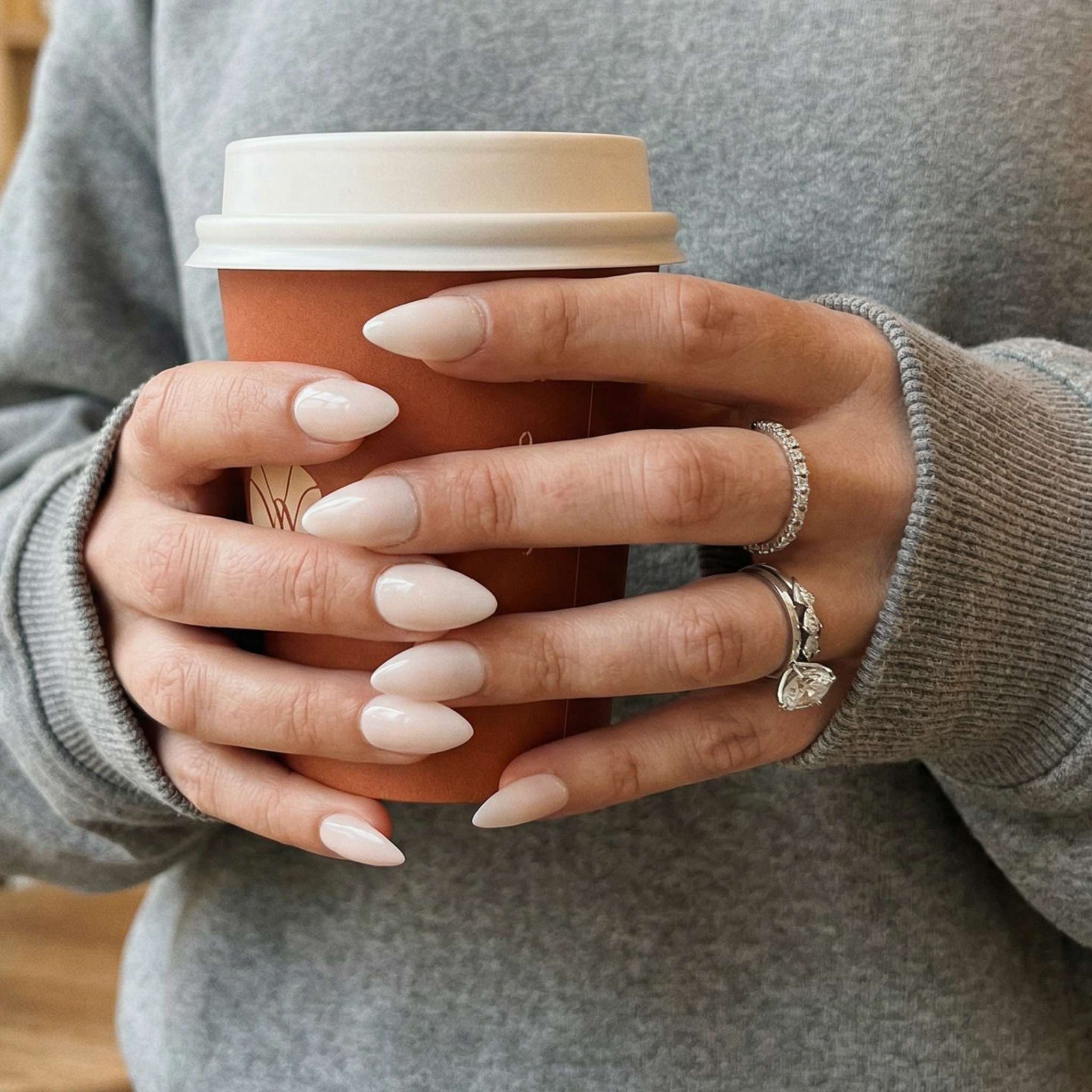 A hand wearing press on nails holding a coffee cup