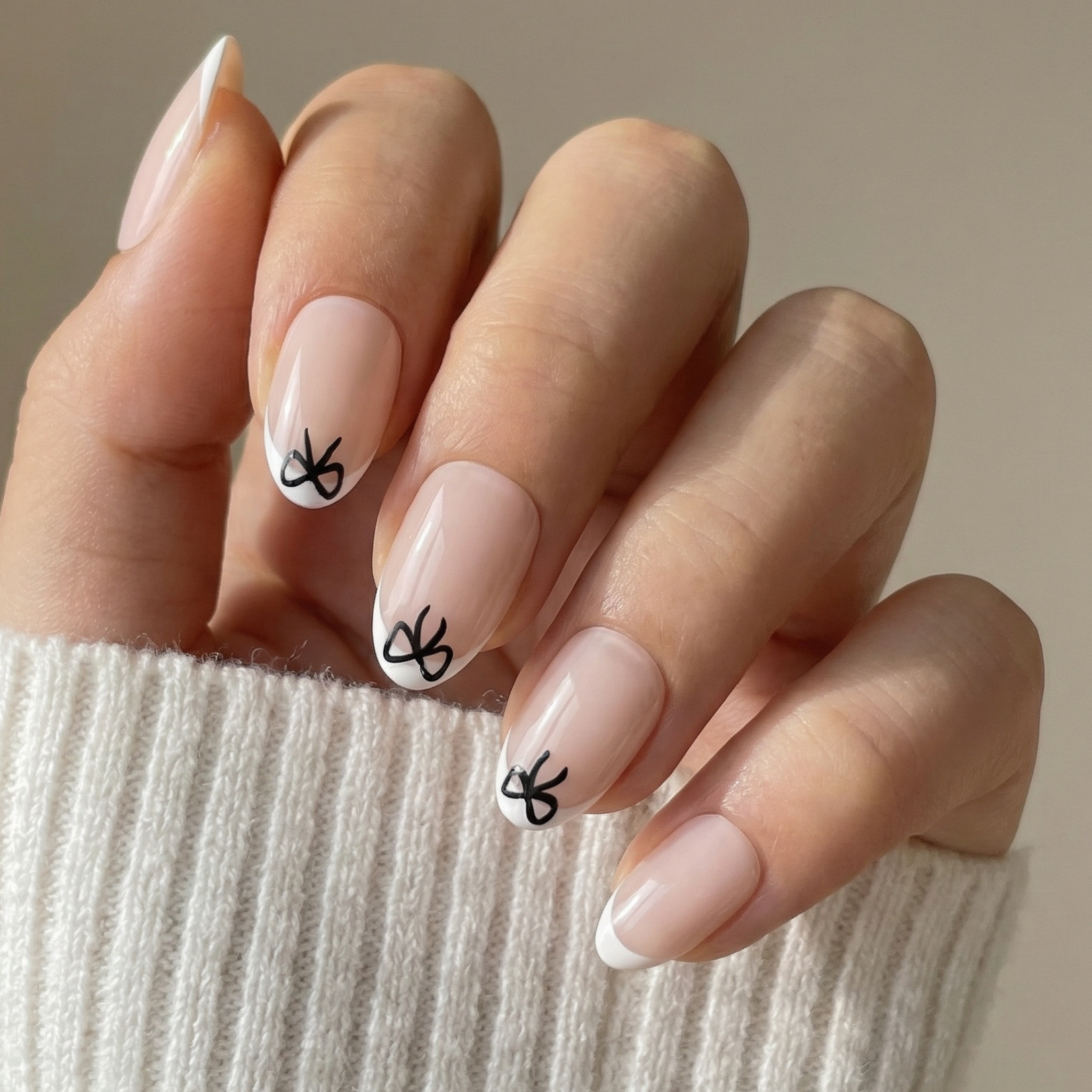 Hand wearing French tip press-on nails with little black bows