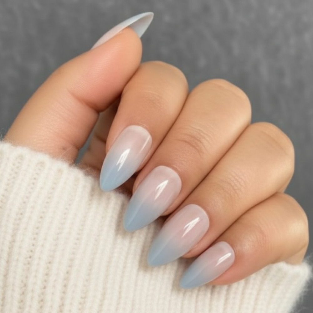 Sugar Tips Celestial Mist Frosty Blue Ombrér Almond Press-On Nails
