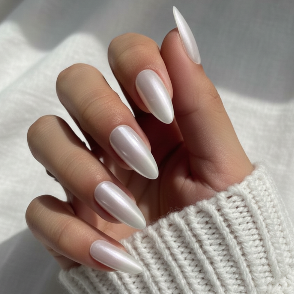 Hand wearing Sugar Tips Glass Slipper Pearl Chrome Glazed Donut Almond Press On Nails.