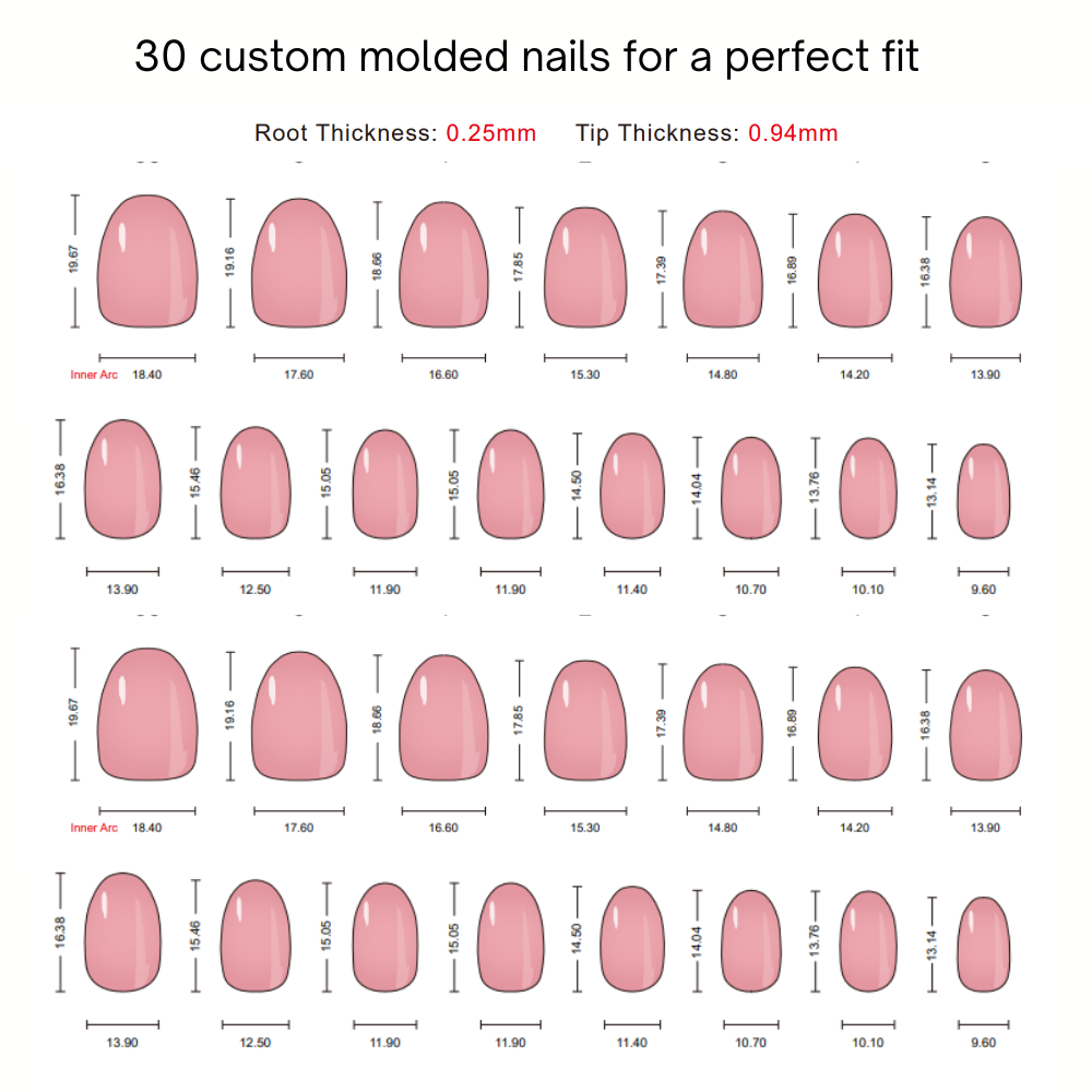 Nail sizes for Short Oval, press on nails. 30 nails, over 15 sizes