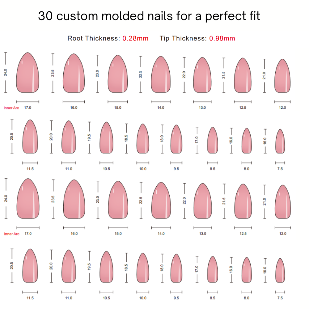 Chart displaying 30 custom molded nails, for medium almond, with measurements for root and tip thickness.