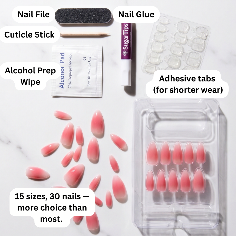 Sugar Tips press-on nail kit contents — nail file, glue, adhesive tabs, cuticle stick, alcohol prep wipe and 30 nails across 15 sizes — Sugar Tips Australia