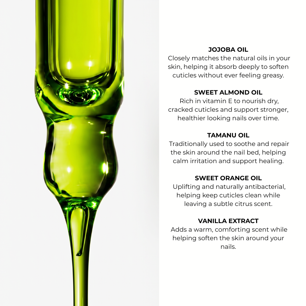 Sugar Tips handmade Cuticle Oil ingredients — jojoba, sweet almond, tamanu, sweet orange oil and vanilla extract for nourished nails and cuticles — Sugar Tips Australia