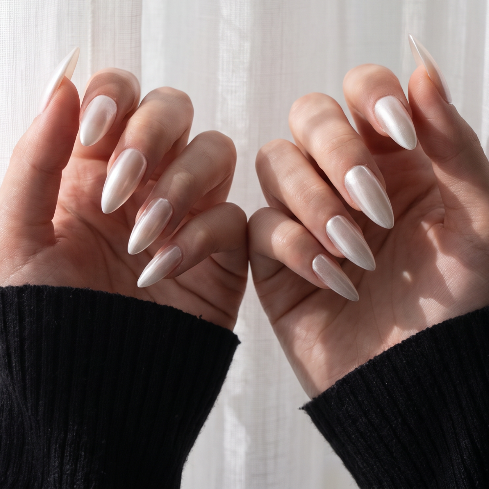 A close-up of two hands with long, almond-shaped press-on nails painted in a glossy, pale silvers hade, wearing black ribbed knit sleeves against a soft white curtain background.