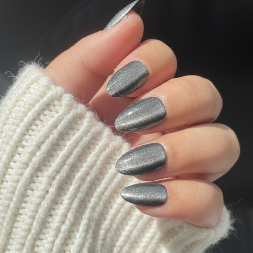 Sugar Tips Midnight Kiss Metallic Silver Chrome Almond press on nails