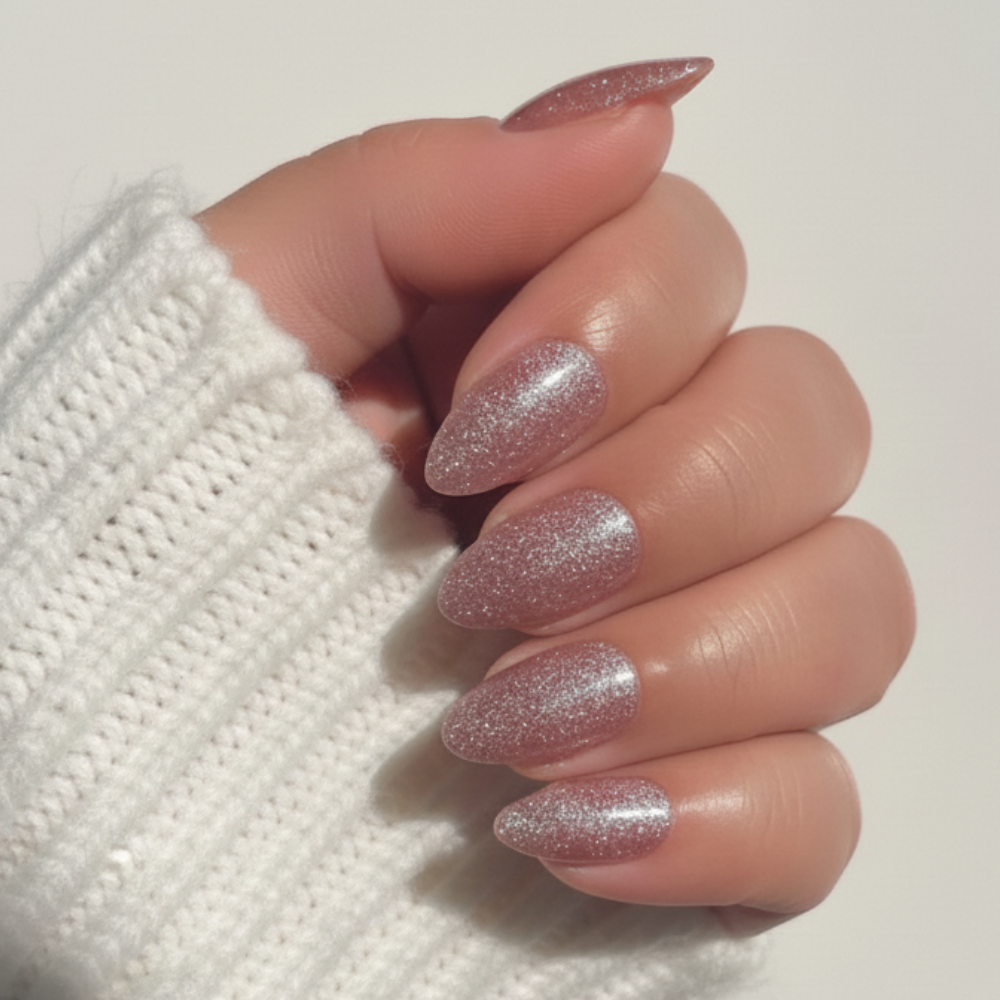 Sugar Tips Velvet Stardust  Sparkly Pink & Silver Almond press-on nails.