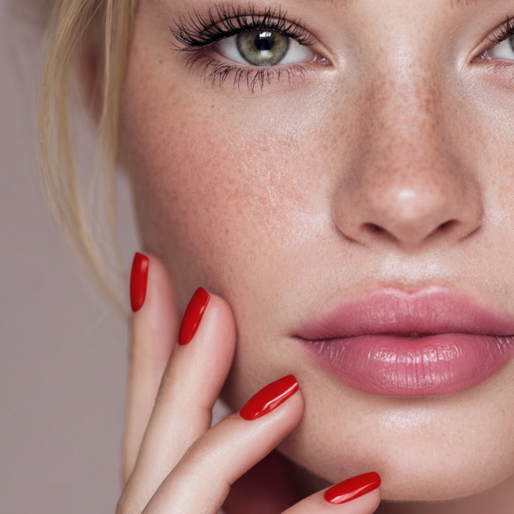 Close-up of a woman's face with red press on nails on a neutral background