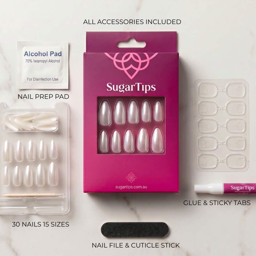 Sugar Tips press-on nails accessory kit including 30 nails in 15 sizes, nail prep pad, glue and sticky tabs, nail file and cuticle stick